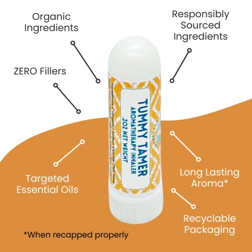 TUMMY TAMER 2PK Nausea Inhaler w/Pink Salt, Menthol, Ginger, Peppermint, Basil & Lemon Oils | Fast Acting Aromatherapy | Motion Morning Sickness | Migraine | Chemo | Stocking Stuffer Gift
