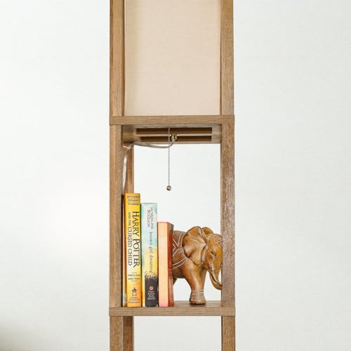 INHAI Modern Shelf Floor Lamp - Natural Wood Standing Lamp with Storage Shelves & Long Fabric Shade for Living Room, Bedroom, or Office (Adjustable Height) Ships from TX