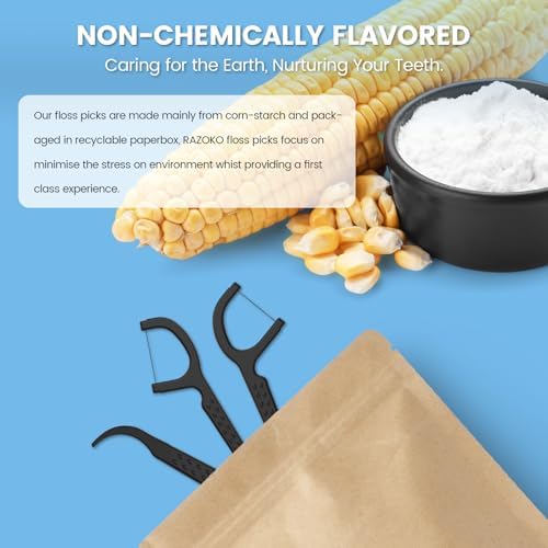 Natural Dental Floss Picks High Toughness Charcoal Toothpicks Sticks-Vegan,Eco-Friendly Sustainable Flossers for Teeth Cleaning (200 Count)