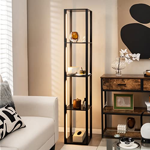 Dimmable Floor Lamp with 4 Wooden Shelves, 360° Rotatable LED Light, Tall Standing Reading for Bedroom, Living Room & Office Home Decor