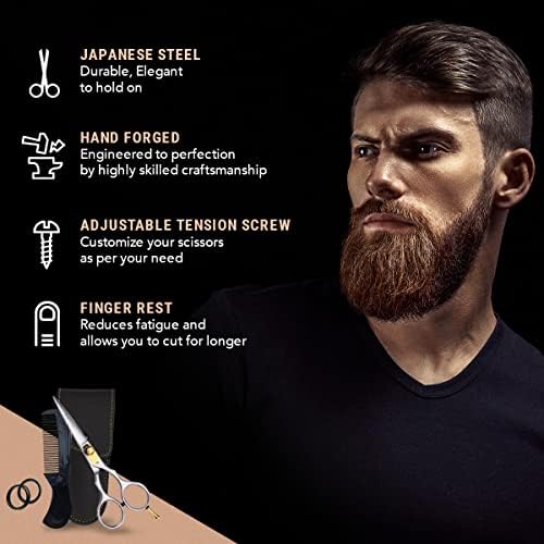 Ontaki Premium Hand-Forged Mustache & Beard Scissors 5.5" - Japanese Steel Barber Scissors - Bangs & Grooming Shears - Rest Hook Silver - Hair Shears - Beard Sheers