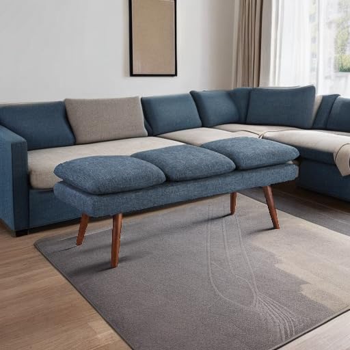 OSP Home Furnishings Amanda Mid-Century Modern Upholstered Bench with Solid Wood Tapered Legs, 54-inches, Navy Blue Fabric