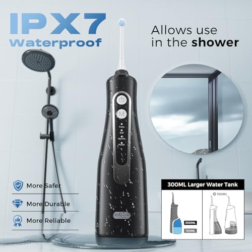 Water Dental Flosser Brush for Cleaning for Home Travel - 300ML Portable and Rechargeable IPX7 - Water Dental Flosser Teeth Pick - 4 Modes Cordless Oral Irrigator Waterproof