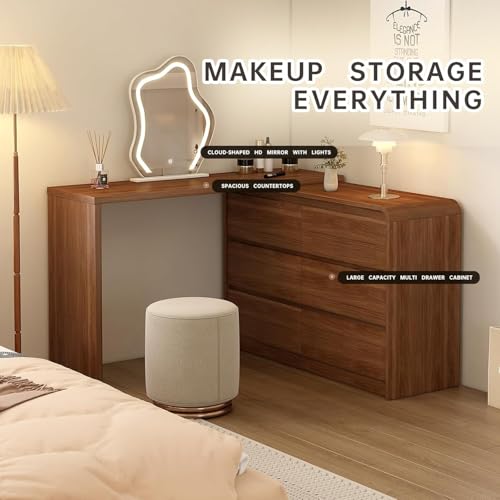 Makeup Vanity Desk with Touch Screen Mirror, 50-90 in Adjustable Sturdy Vanity Table Set with Chair, Bedroom Elegant Dressing Table for Women with 6-Drawer Rounded Corners Storage Cabinet, Brown