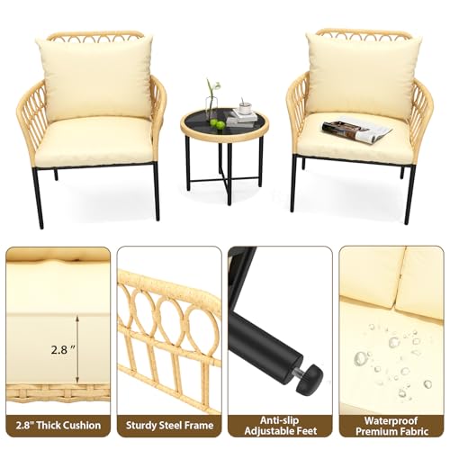 Garvee Bistro Set 3-Piece, Patio Conversation Set, All-Weather Wicker Outdoor Sectional Furniture Chairs with Table & Cushions Beige for Garden Patio Deck