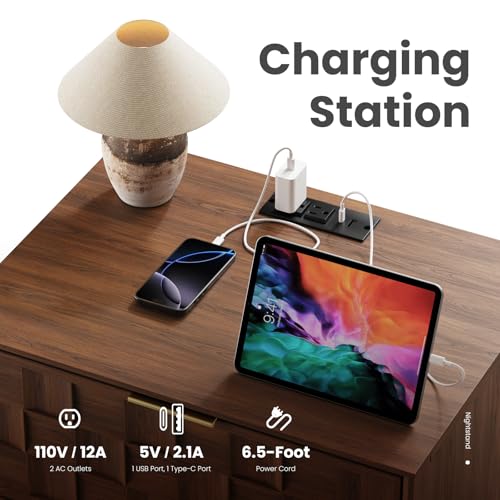 COLAMY Nightstand with Charging Station, 22" Modern Bed Side Table with 2 Storage Drawers and Chessboard Relieffor Bedroom, Dorm and Small Spaces - Walnut