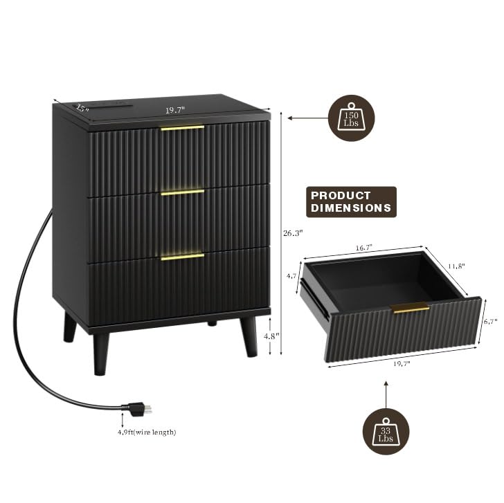 QIPAKA Fluted Night Stand Set of 2 with USB Charging Station, 3-Drawer Dresser Black Wood Moden Night Stand Bedside Table with Quiet Drawers & Large Storage End Table for Bedroom