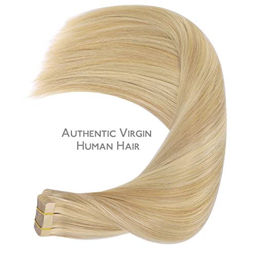 WENNALIFE Tape in Hair Extensions Human Hair, 20pcs 50g 18 inch Light Blonde Highlighted Golden Blonde Remy Hair Extensions Straight Human Hair Tape in Extensions Skin Weft