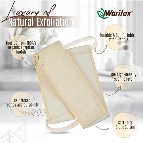 Natural Egyptian Loofah Back Scrubber for Shower, Extra-Long Exfoliating Strap Made with Natural Egyptian Loofah Fibers, Deep Cleaning Body Sponge for Men and Women – Soft Cotton Handles