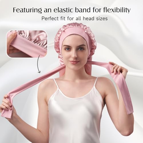 YFONG 22 Momme 100% Mulberry Silk Bonnet for Sleeping Women Long Hair, Double-Layered Silk Hair Bonnet with Elastic Tie Band, Extra Long Sleep Cap for Braids Curly Hair Care, 1Pc, Pink