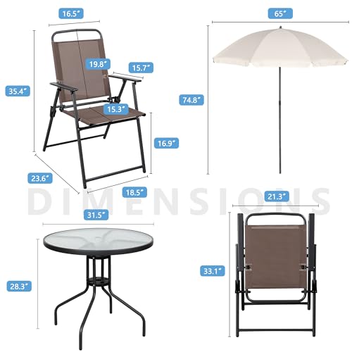 Shintenchi 6 Piece Patio Dining Set with Umbrella, Outdoor Furniture Set with 4 Folding Chairs and Tempered Glass Top Dining Table fot Lawn Backyard Garden Porch Brown and Beige