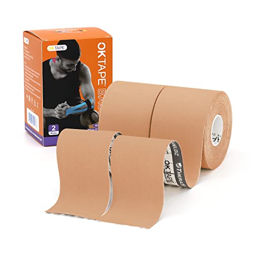 OK TAPE Basic Original Cotton Kinesiology Tape (2 Pack), Elastic Water Resistant Therapeutic Athletic Tape, Latex Free, Pain Relief, Injury Recovery, Uncut K Tape 2in×16.4ft - Beige