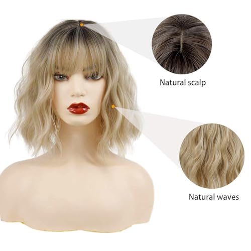 MISSQUEEN Short Ombre Blonde Wigs with Bangs Synthetic Wavy Curly Pastel Blonde Bob Wig for White Women Girl Colorful Cosplay Wig