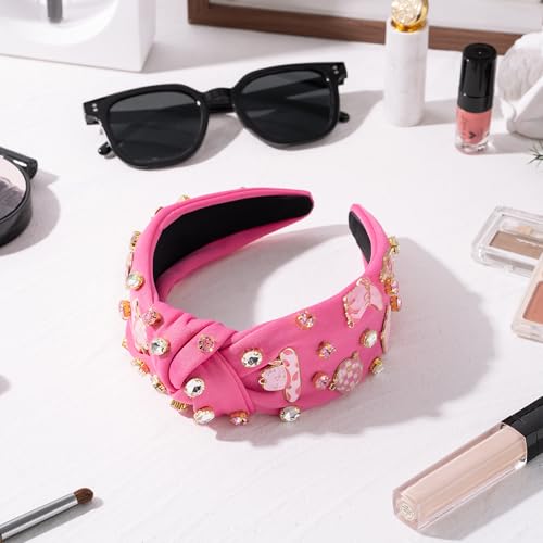 PANTIDE Western Jeweled Knotted Headband - Cowgirl Boots Hat Rhinestone Crystal Embellished Headband Wide Top Knot Fashion Hairband Hair Accessories Birthday Gift for Cowboy Women Girls (Hot Pink)