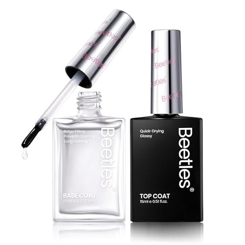 Beetles 2Pcs 15ml Nail Polish Top Coat and Base Coat Set, Fast Drying & Long Lasting Shine Clear Nail Polish, 3 IN 1 Protects Nails, Enhances Glossy and Nourishes Nails