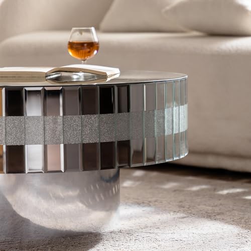 Round Coffee Table with Dazzling Crushed Crystal Border, 31" Round Silver Mirrored Coffee Table for Living Room, Glam Modern Glass Living Room Center Tea Cocktail Table, Bedroom Pedestal Nightstand