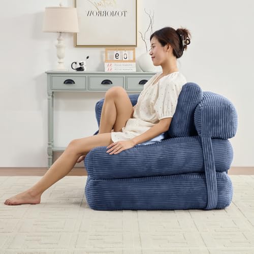 Mjkone 34" W Folding Sofa Bed, Convertible Sleeper Chair with Cushion Foldable Mattress with Armrest, Portable Fold Out Chair Comfy Floor Sofa Lounge for Living Room Bedroom Office, Navy Blue