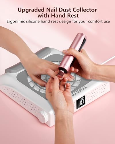 Upgraded Nail Fan Dust Collector with Hand Rest, 10 Speeds, Reusable Filter, Quiet & Rechargeable, Powerful Dust Suction Nail Tech Machine for Acrylic Gel Nails Polishing, Salon & Home, White