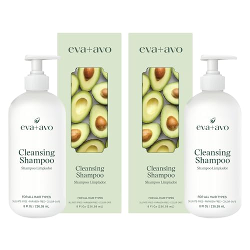 Eva + Avo Cleansing Shampoo with Avocado, Rosemary, Vitamins – Deep Cleansing Shampoo Build Up Remover for All Hair Types – Color-Safe – 2pcs