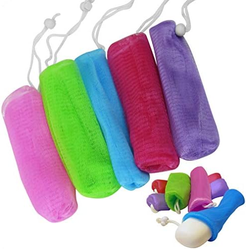Evelots Exfoliating Mesh Loofah Soap Pouches - 5 Pack - Bath, Shower Body Facial Cleaning Scrubbers - Removes Dead Skin - Hanging Cord - Extend The Life of Your Soap Bars