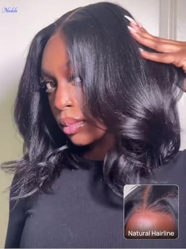 Nadula Yaki Straight Bob Drawstring Wig Human Hair Glueless Pre Cut 7x5 HD Bye Bye Knots Lace Front Wigs Human Hair Pre Plucked Invisible Knots Ready to Go Short Yaki Bob Wigs 150% Density 12inch