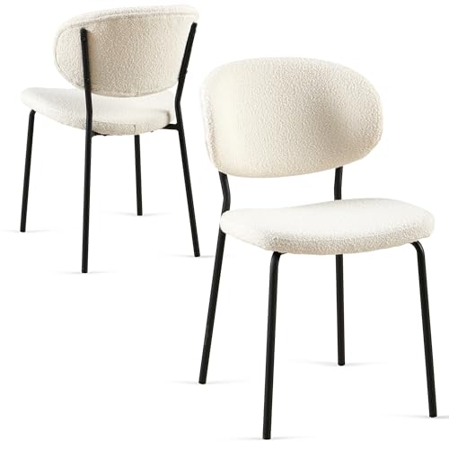Howtek Dining Chairs Set of 2, Mid Century Modern Boucle Upholstered Fabric Kitchen Chairs with Curved Backrest & Metal Legs for Living Room, Dining Room, Vanity - Beige