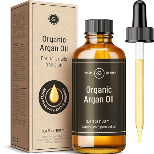 Organic Argan Oil Cold Pressed 3.4 Fl Oz - Moroccan Beauty Oil for Hair, Skin, Nails & Face, Vitamin E Rich, Non-Greasy, Natural Moisturizer
