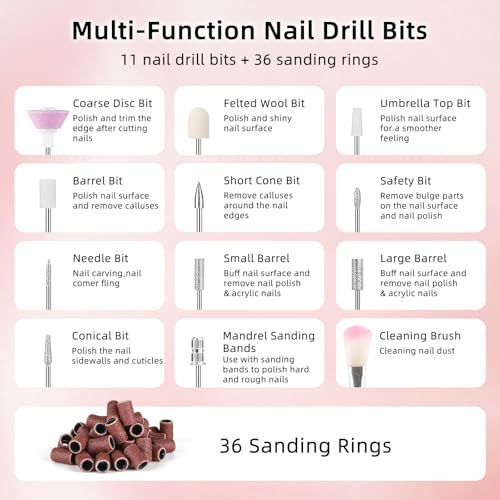 Electric Nail Files Cordless, Professional Nail Drill Machine for Acrylic Nails Gel with 5 Speeds, Portable Rechargeable E File Manicure Pedicure Kit Gifts for Girl Women Beginners