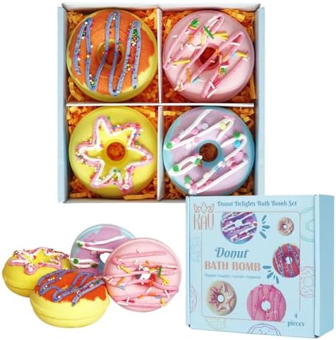 KAV Bath Bombs, 4 Donut Bath Bomb Gift Set, Natural Organic Bubble Bathbombs for Women, Gifts Stocking Stuffers Christmas Easter Self Care Gift Set for Ladies Girls Kids - 4 Scents