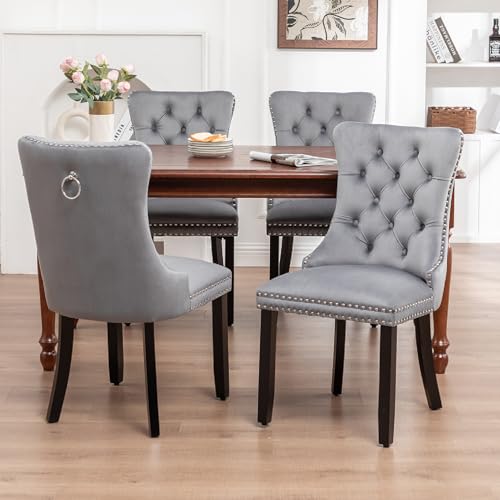 Kiztir Velvet Dining Chairs Set of 4, Upholstered Dining Chairs with Ring Pull Trim and Button Back, Luxury Tufted Dining Chair for Living Room, Bedroom, Kitchen (Gray)
