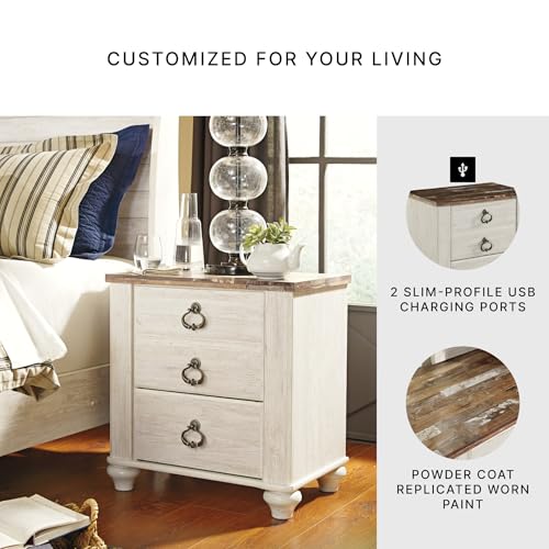 Signature Design by Ashley Willowton Farmhouse 2 Drawer Nightstand with USB Charging Ports, 25.67" Tall, Whitewash