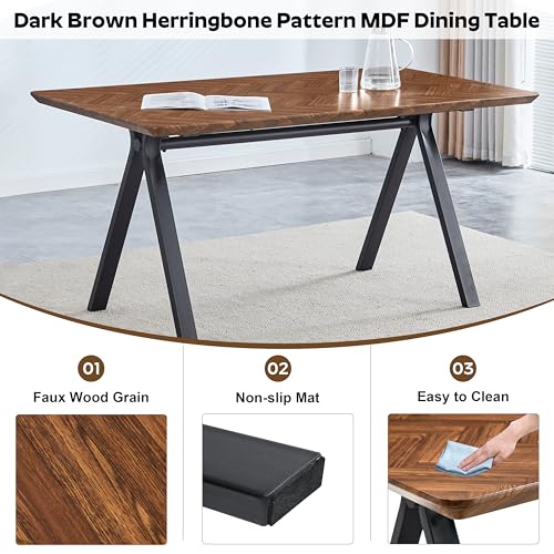 RGZ 63" Modern Rectangular Dining Table Set for 4, 5-PCS Rustic Walnut Kitchen Table & 4 Brown Upholstered Faux Leather Chairs, Mid Century Wood Dinner Table for Dining Room, Home, Living Room