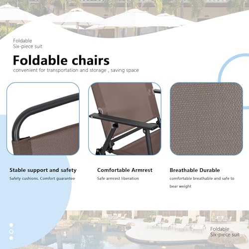 Shintenchi 6 Piece Patio Dining Set with Umbrella, Outdoor Furniture Set with 4 Folding Chairs and Tempered Glass Top Dining Table fot Lawn Backyard Garden Porch Brown and Beige