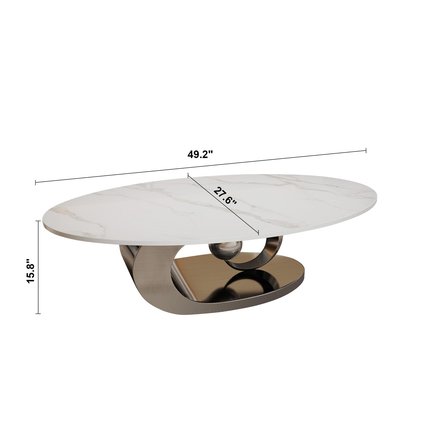 Mid Century Modern Coffee Table, 49.2" Large Oval Coffee Table w/White Faux Marble Tabletop & Silver Sculptural Stainless Steel Base, Minimalist Coffe Cocktail Center Table for Living Room Apartment