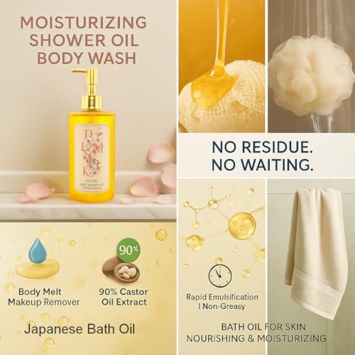 Moisturizing Bath Oil for Dry & Sensitive Skin. Nourishing & Hydrating Winter Care Shower Oil, Soothes & Softens, Locks in Moisture,Sakura Scent, 10 Fl.oz (300ml)