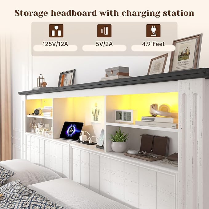 EnHomee Queen Bed Frame with Headboard and Storage, 4 Drawers and LED Built in Charging Station Bed Frame Queen Size with Storage Farmhouse, NO Noise,No Box Spring Needed, White