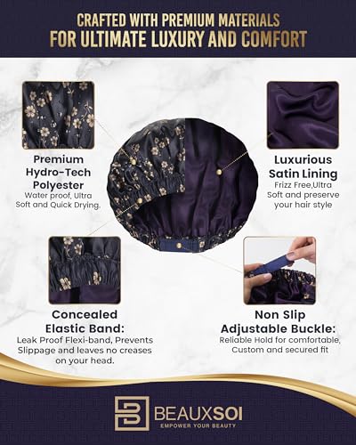 Luxury Reusable Shower Cap for Women - Satin Lined, Adjustable & Waterproof - Keeps Hair Dry- Durable Hair Bonnet by BEAUXSOI (Fleur de Nuit) - Floral design