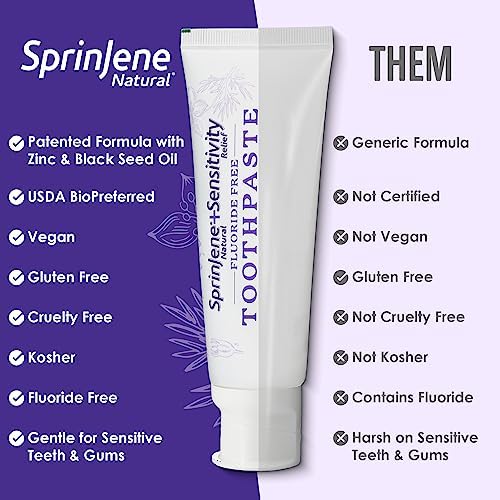 SprinJene Fluoride Free Toothpaste for Sensitive Teeth & Gum Fresh Breath Helps Dry Mouth Natural Non Fluoride Toothpaste for Adult SLS Free, Toxic Preservative Free with Black Seed Oil & Zinc 2 Pack