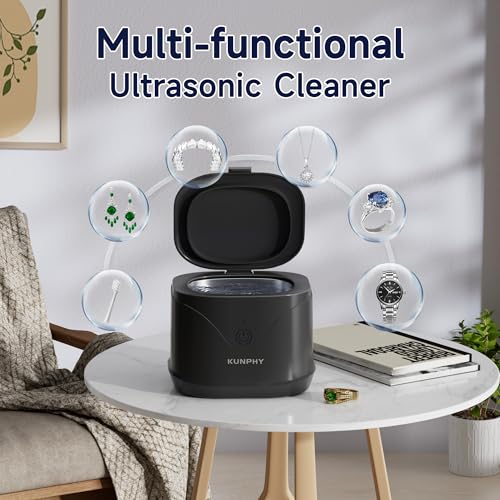 Ultrasonic Retainer Cleaner, KUNPHY 46KHz Professional Ultrasonic Cleaner 7.5Oz, Retainer Cleaner Machine for Dentures, Braces, Aligner, Dental Appliances (Black)