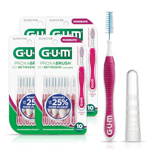 GUM Proxabrush Go-Betweens - Moderate - Interdental Brushes - Soft Bristled Dental Picks for Plaque Removal Health - Safe for Braces & Dental Devices, 10 Count (Pack of 4)