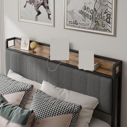 Bed Frame with Charging Station, Upholstered Headboard, Metal Platform, Grey Bed Frame