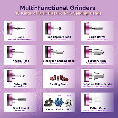 Professional Nail Drill,Electric Nail File kit for Acrylic Gel Nails,Electric Manicure and Pedicure Tools,10 Speeds Nail Care Gift for Trimmer,Grinder,Buffer(Black)