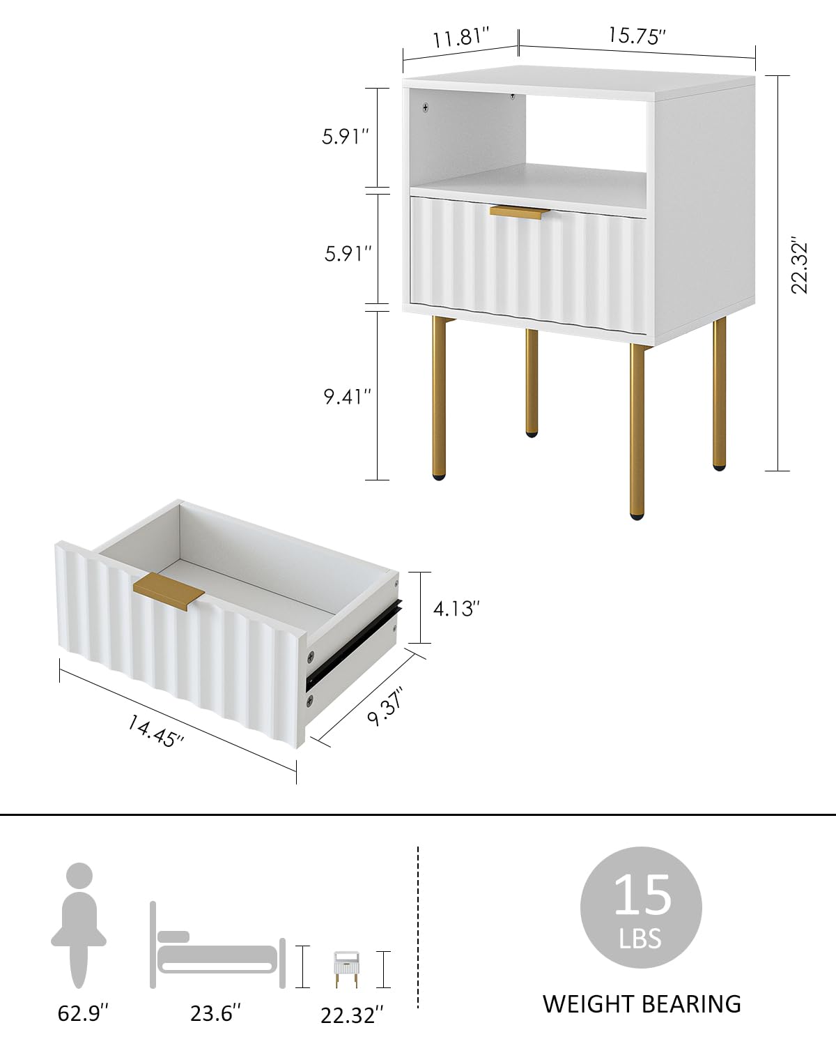 Aienvey Nightstand,Modern Bedside Table with Gold Frame,White Night Stand,Bedside Furniture, Modern Side Table with Drawer and Shelf for Bedroom,Living Room (White)