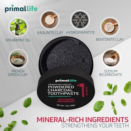 Primal Life Organics - Dirty Mouth Toothpowder, Activated Charcoal Tooth Cleaning Powder, Essential Oils with Kaolin & Bentonite Clay, Good for 200+ Brushings, Organic, Vegan (Black Peppermint, 1 oz)