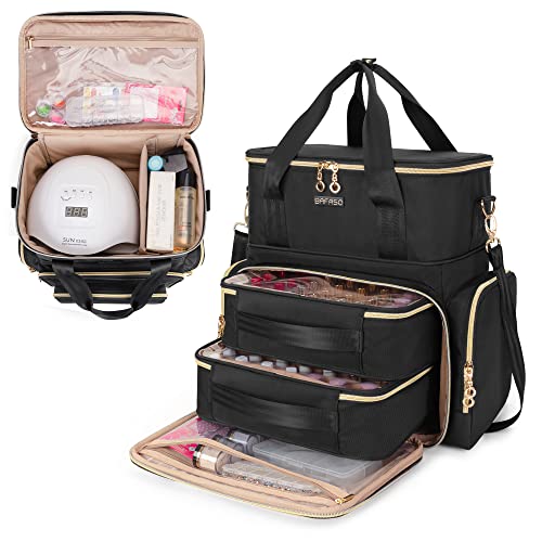 BAFASO Double Layer Nail Polish Organizer Holds 70 Bottles (15ml - 0.5 fl.oz) and a Nail Dryer, Nail Polish Case with 2 Removable Pouches and Tools Storage Sections (Patented), Black