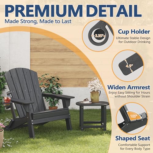 UNASKADI Folding Adirondack Chair Set of 3 with Cup Holder, HDPE All Weather Resistant Plastic Outdoor Patio Chairs, Heavy Duty Fire Pit Seating for Backyard Lawn Garden, Wooden Textured Design(Gray)