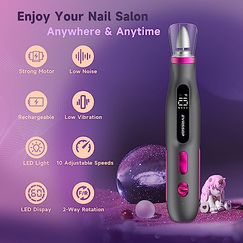 Professional Nail Drill,Electric Nail File kit for Acrylic Gel Nails,Electric Manicure and Pedicure Tools,10 Speeds Nail Care Gift for Trimmer,Grinder,Buffer(Black)