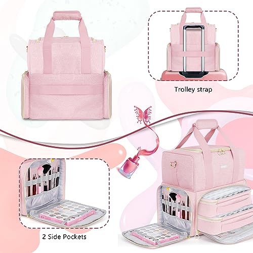 Nail Polish Organizer Holds 80 Bottles and a Nail Lamp,Nail Polish Carrying Case with 2 Removable Bags,Nail Organizers and Storage for Nail Tech,Portable Nail Polish Holder for Nail Supplies,Pink