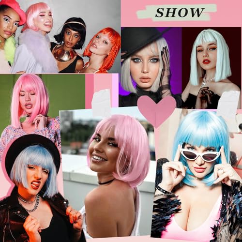 Pink Bob Wig With Bangs - Short Straight Bob Bangs Wig, 12Inch Heat Resistant Synthetic Hair, Natural Looking For Daily Party Use