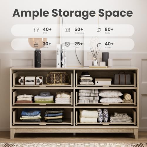 COLAMY Fluted Storage Cabinet with 6 Drawers, Buffet Sideboard Cabinet, Modern Wood Side Board, Living Room Cabinet with Metal Handles for Dining Room, Bedroom, Entryway, Hallway, Oak